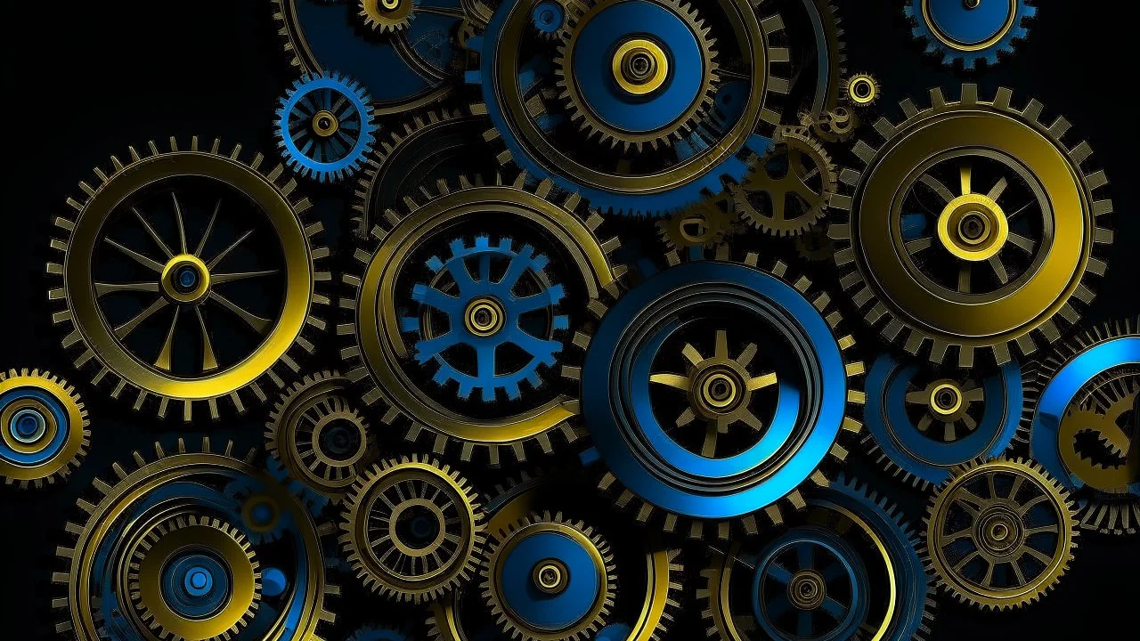 Gears with interlocking sprockets, in shades of cobalt, slate and sky blue and on a black background, make up an abstract horizontal composition. Circles and straight and curved lines are grouped around and over the gears, and are drawn in metallic gold against the dark background, but continue in black where the gears intersect.