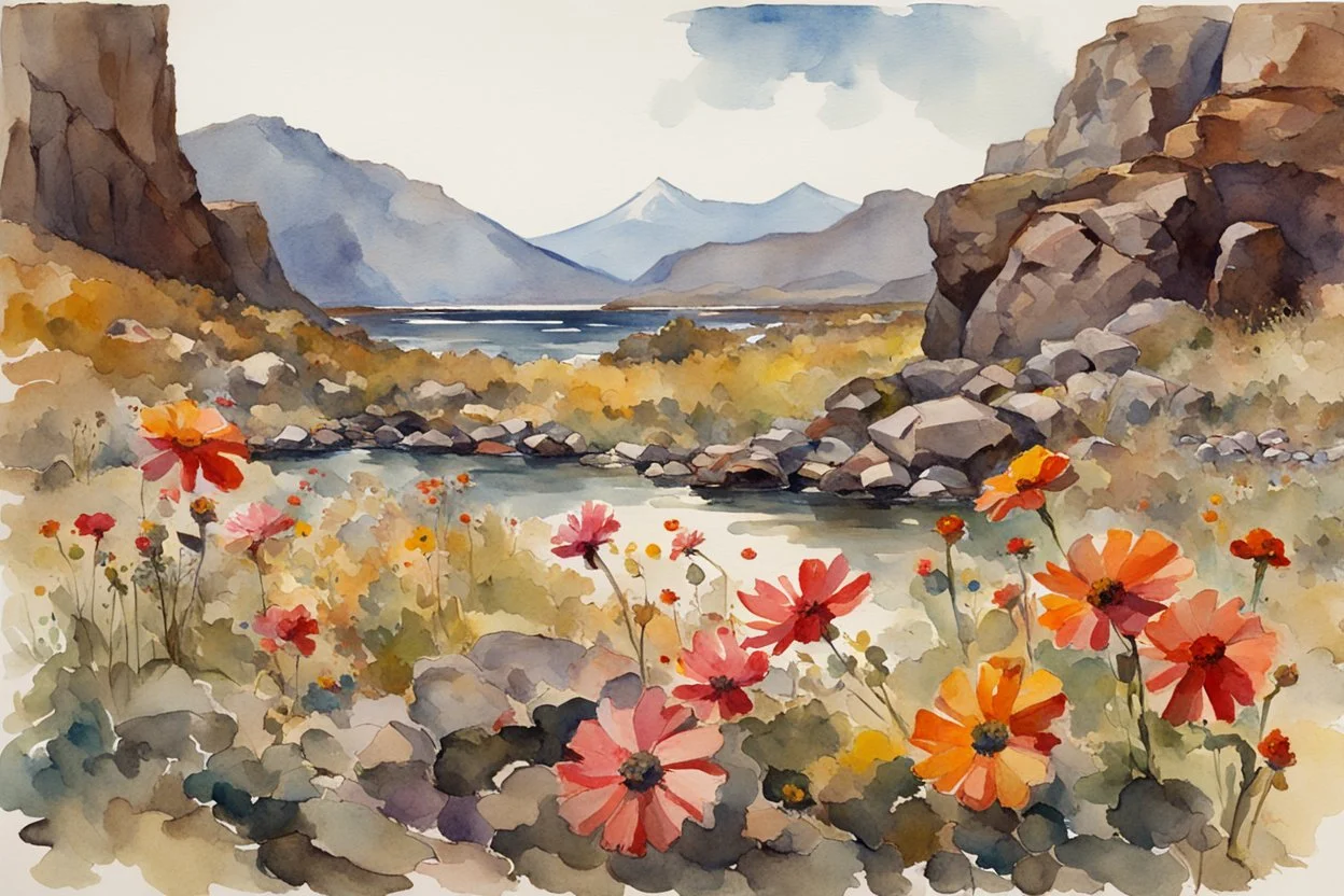 Sunny day, flowers, mountains, rocky land, fantasy, sci-fi, winslow homer watercolor paintings