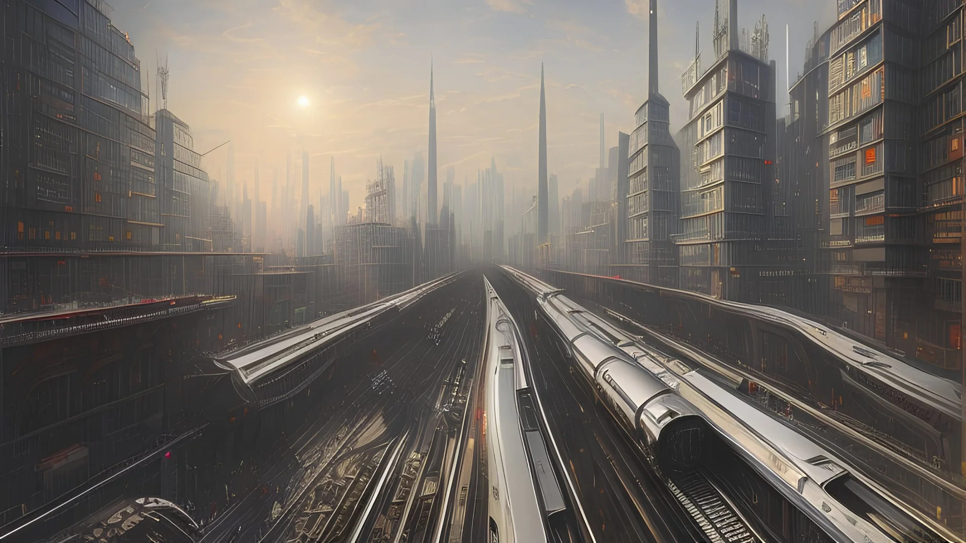 In this Italian Futurism-inspired cityscape, a train track cuts through the bustling urban landscape, symbolizing progress and movement. The track weaves its way between towering buildings with sleek, modern architecture, reflecting the avant-garde style of the early 20th-century art movement. A sleek, aerodynamic carriage speeds along the track, embodying speed and dynamism. The carriage's design is futuristic, with sharp angles and streamlined curves, evoking a sense of energy and innovation.