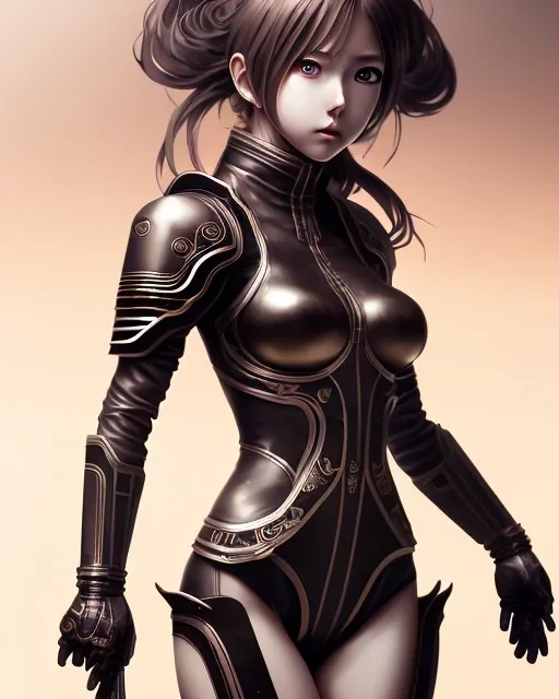 Detailed cute anime Kunoichi girl, brown hair, black latex bodysuit, intricate details, full body portrait, keep head in frame, slight smile, black Japanese motif, concept art, highly detailed, digital painting, concept art, sharp focus, illustration, art by Yoji Shinkawa, WLOP and greg rutkowski and alphonse mucha and artgerm and yanjun Chen and Junji ito and Makoto Shinkai, HDR, octane render