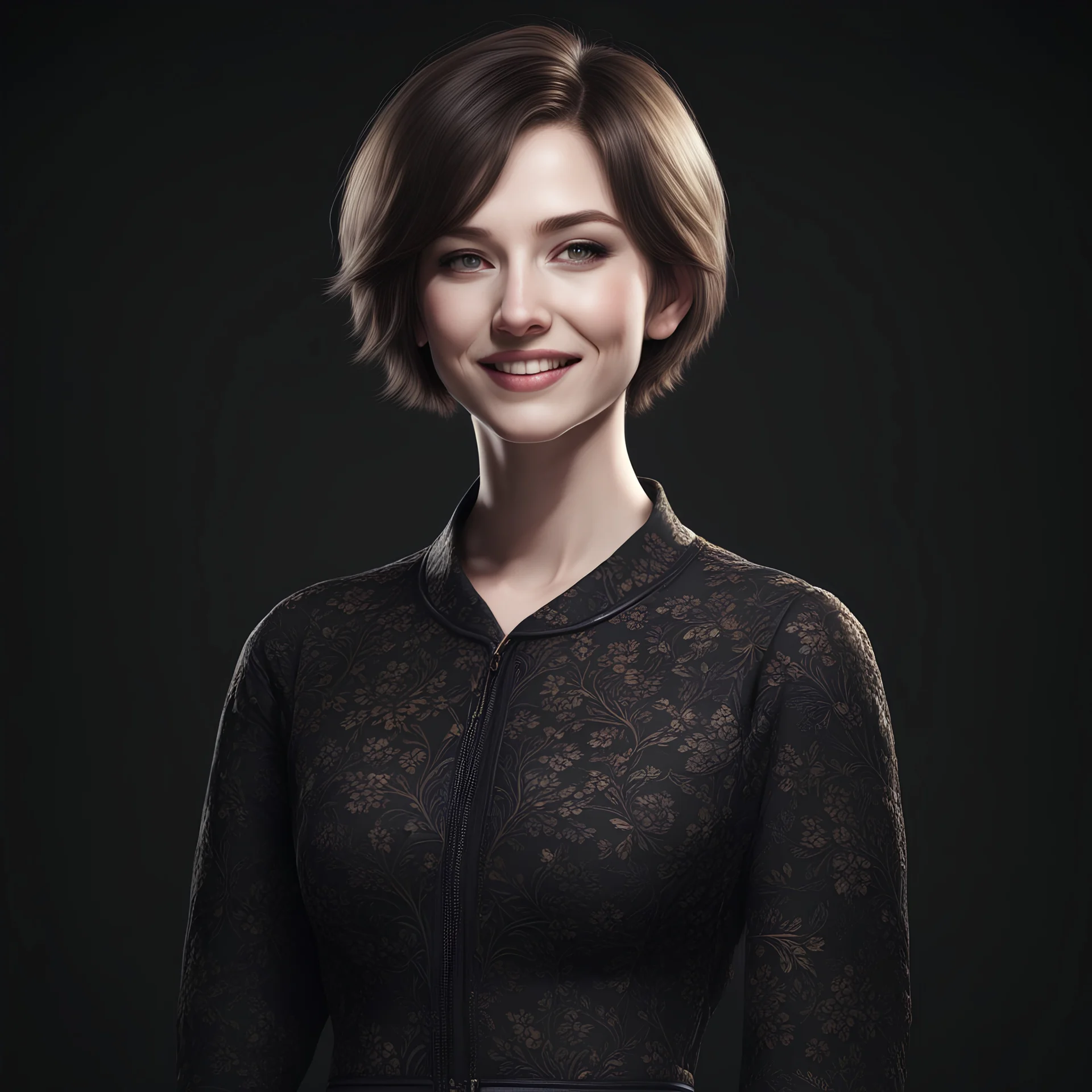 ((young woman pale skin)), dark background, mid shot, full body, happy expression, short hair, ultra realistic, highres, superb, 8k wallpaper, extremely detailed, intricate, limited palette,