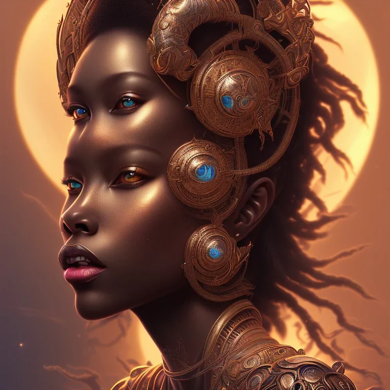 sango fantasy, fantasy magic, intricate, sharp focus, illustration, highly detailed, digital painting, concept art, matte, masterpiece head sexy lady body black African beauty space lady black leopard skin one head African afro sun, high key lighting, volumetric light high details psychedelic background