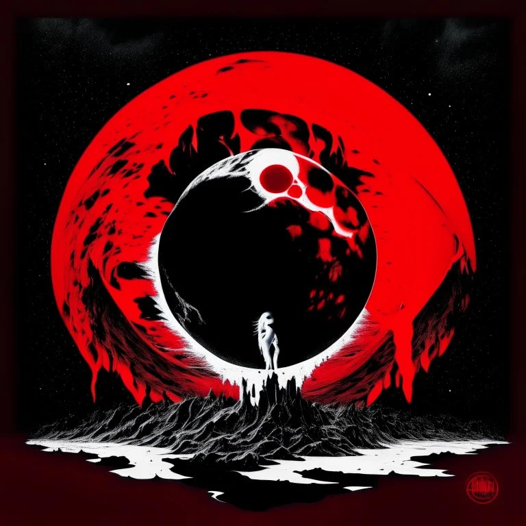 Foetus Album cover, red and black and white color scheme, The moon's so full it's spilling over There ain't no hope in Hell, dread, surreal, sinister, profound, minimalist, dramatic, N(t)=N0​⋅e−kt