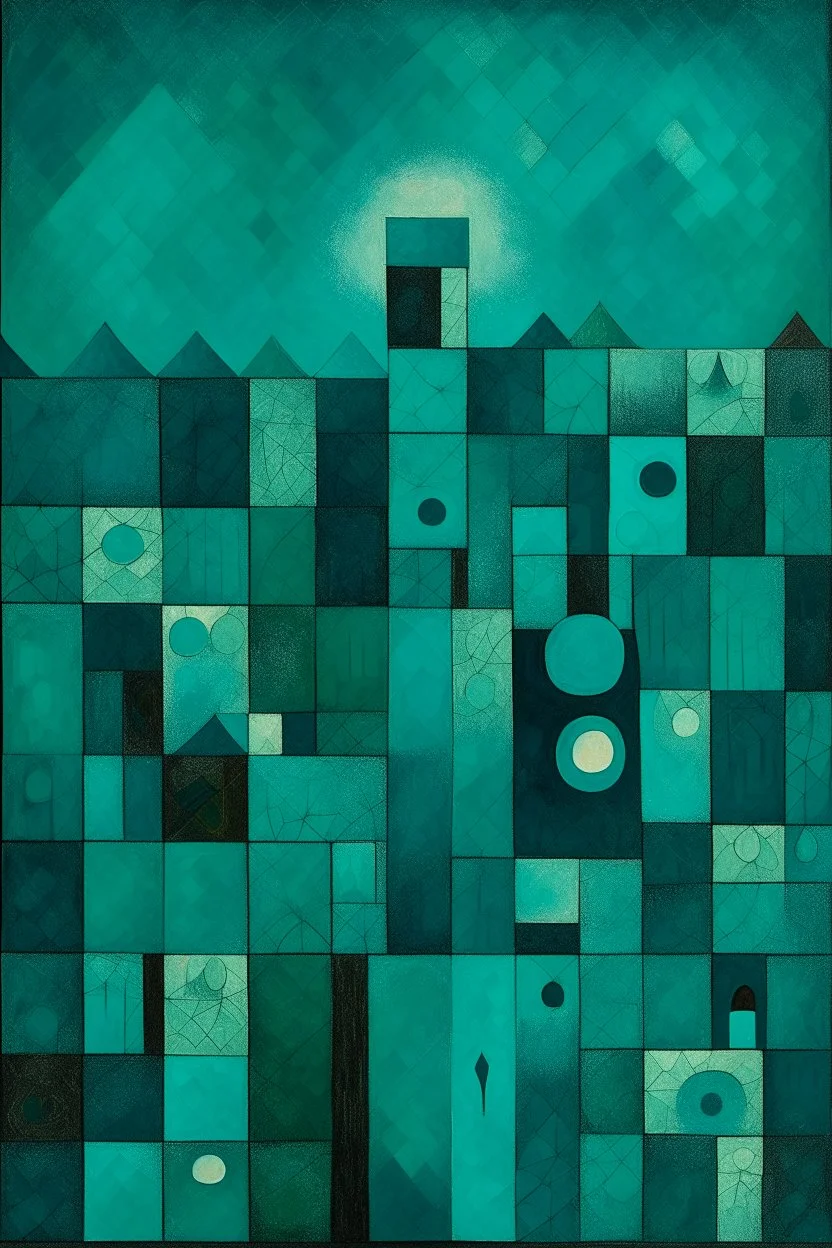 A dark teal burg in cubism art style painted by Paul Klee