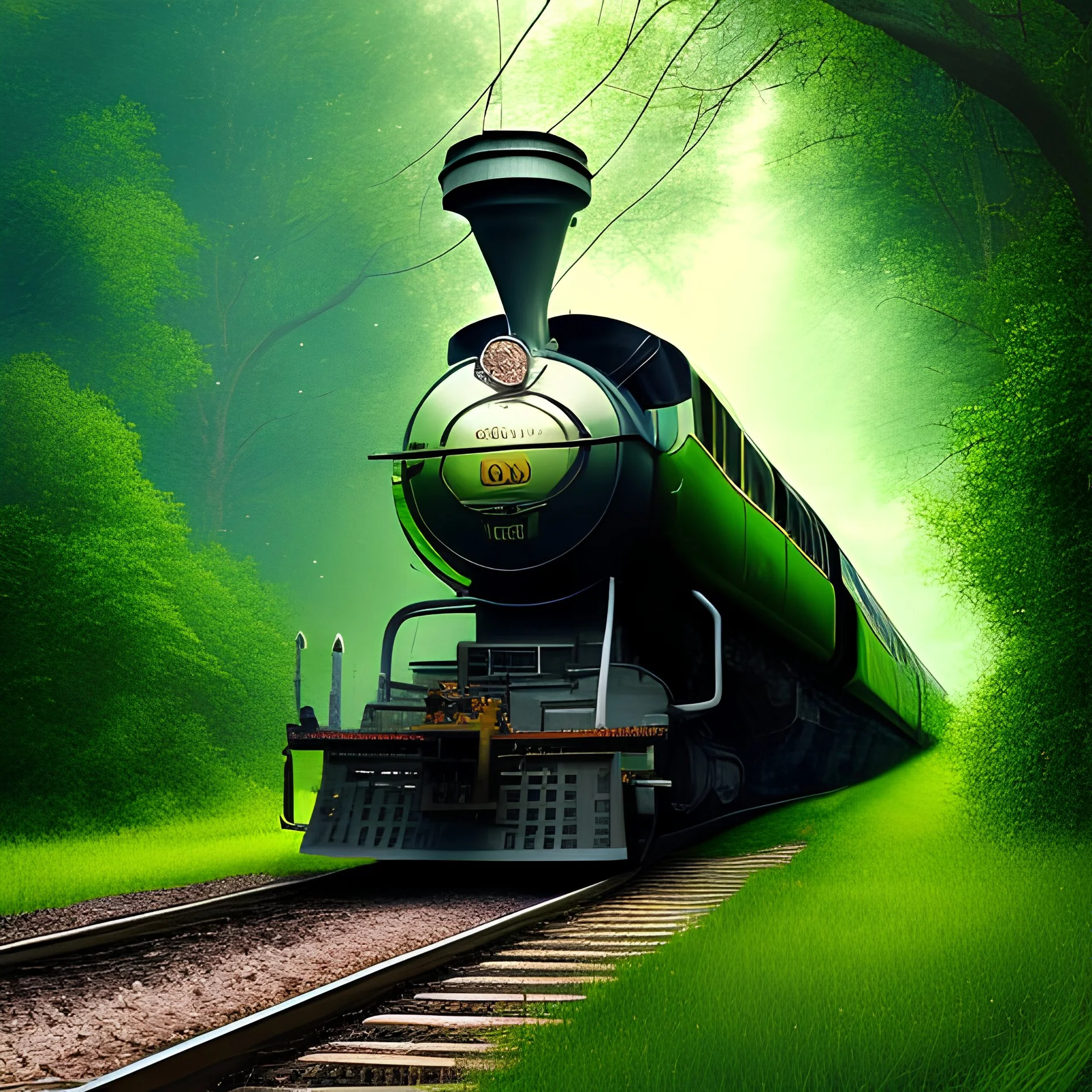 "A majestic train slices through a dense forest, racing across a vibrant green carpet of grass. Raindrops glisten on its polished exterior as sunlight pierces through the clouds, casting a golden hue upon the scene. Behold the picturesque cinema of nature's symphony, orchestrated by wheels on a trail."