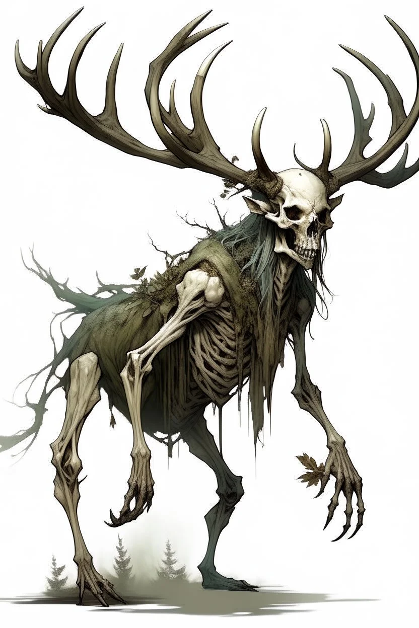 wendigo with a deer skull covering head and face with a snout and emaciated full body image