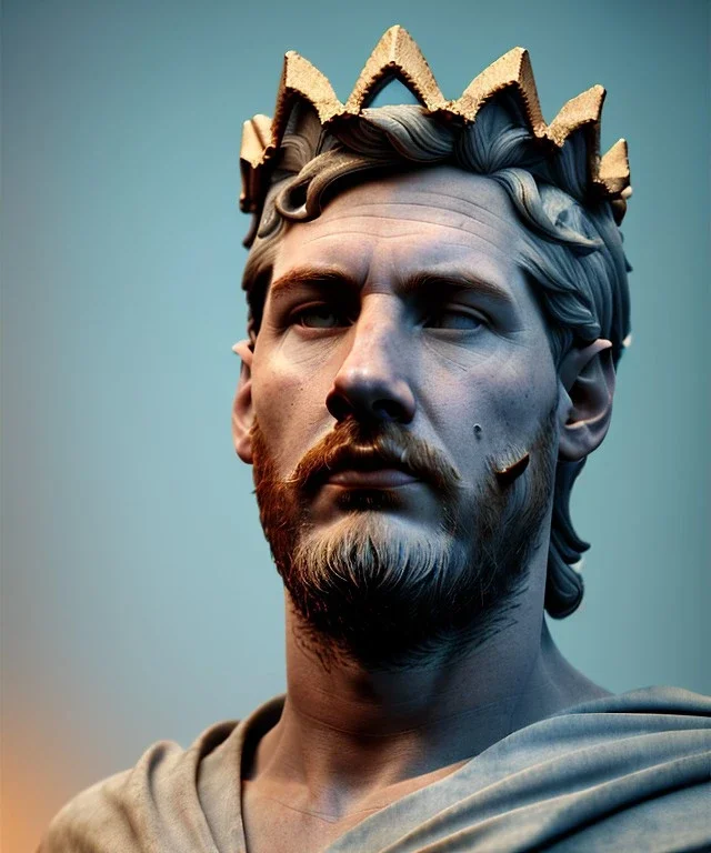 Gran angular, Realistic image, roman sculpture buste, marble deluxe material, Lionel Messi, gold Laurel crown model, miguel angel style, emperador, God light, god rays, 4k resolution, smooth details, ornate details, soft lighting, unreal engine 5, soft cyan background.