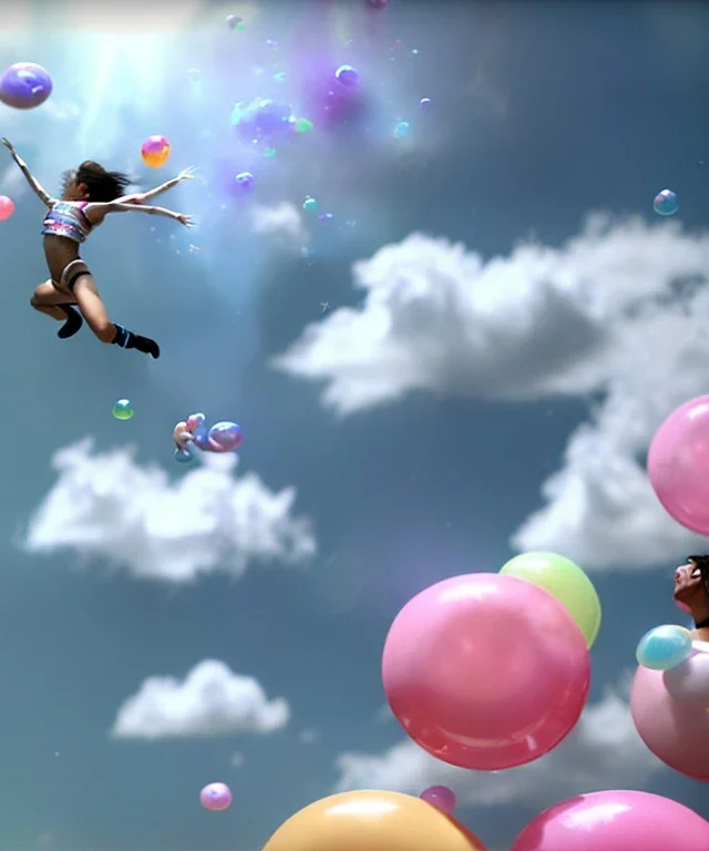 Ultra realistic speed clouds sky scene, wide angle view, sweet childs falling down, inflatable color clothing, free jumping flying, many trinkets, hair monster, many jelly beans, balls, color smoke, smile, happy, circus style, extreme, wind, clouds sea, 20,000 feet altitude, stratosphere, soft color, highly detailed, unreal engine 5, ray tracing, RTX, lumen lighting, ultra detail, volumetric lighting, 3d, finely drawn, high definition, high resolution.