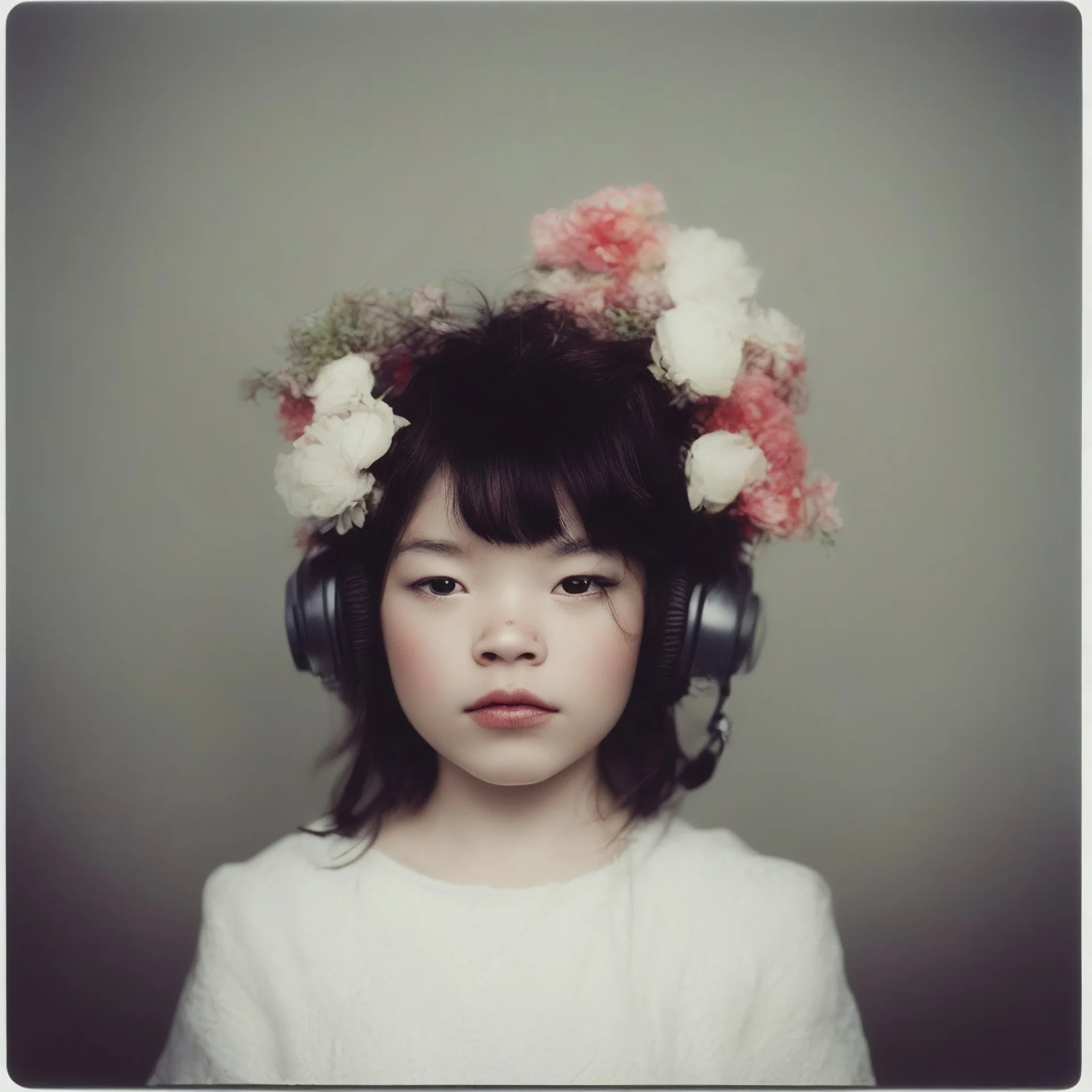 Polaroid head shot of young Bjork, big pouty lips, red nose, hair adorned with flowers, rosy cheeks and rosy nose, headphone