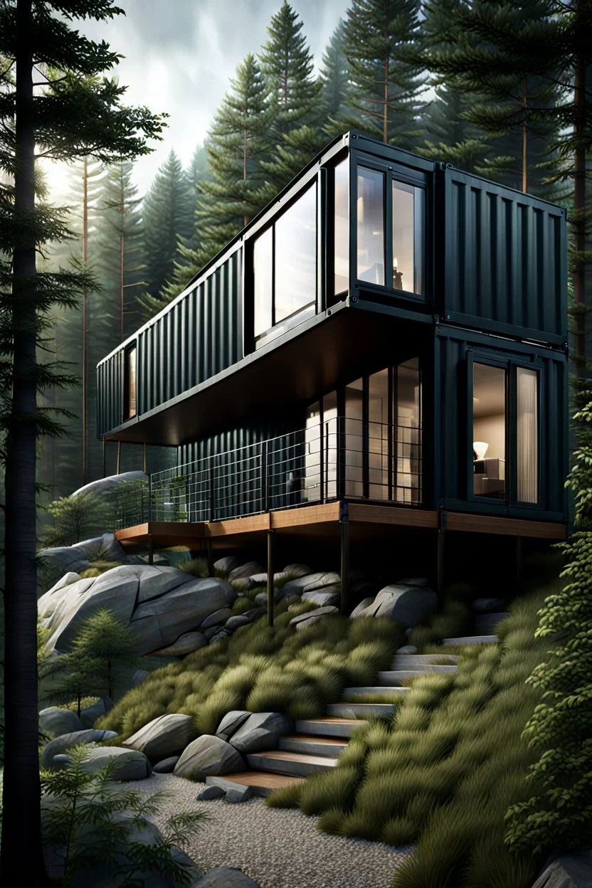 Medium sized house made of shipping containers, modern style, on a cliff overlooking a forest. Photorealistic.