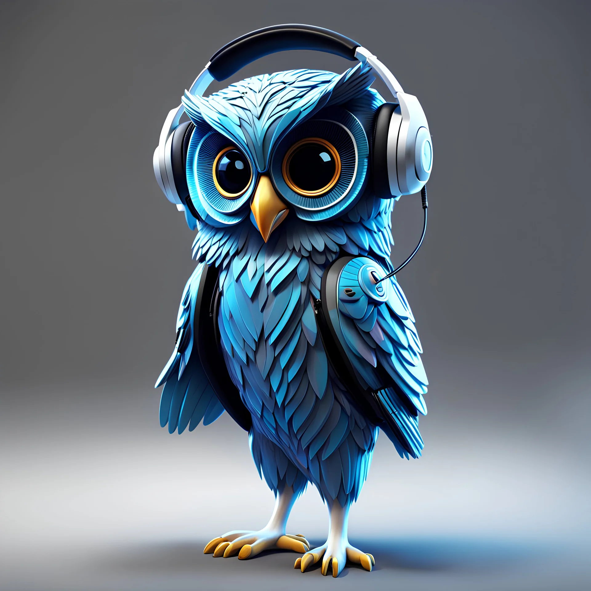 Illustrative sketch of a 3D Pixar image of a humanoid owl in music with headphones, full body, ultra quality, 8k