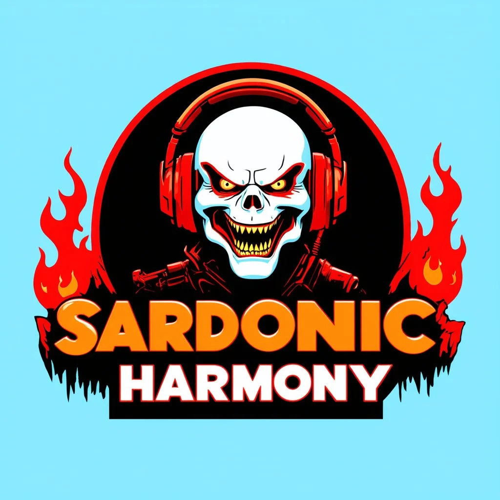 abstract logo for rock band orange text "SARDONIC HARMONY" in a futuristic robotic font, sinister evil marshmallow head with headphones and red flames, horror, black negative space, by Petros Afshar