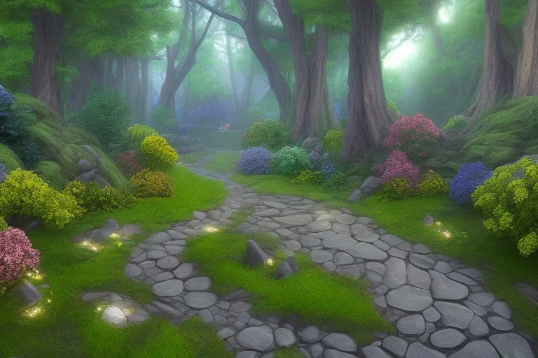  winding stone path lit river