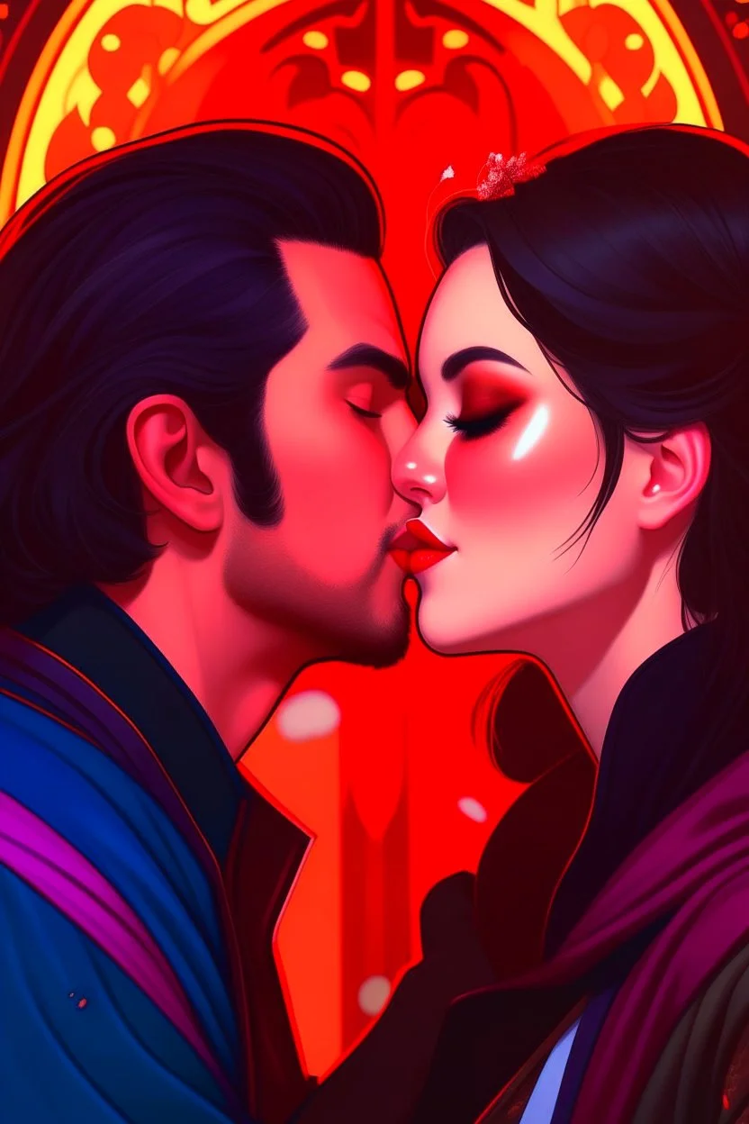 A couple from the dnd game curse of Strahd kissing, lips against lips