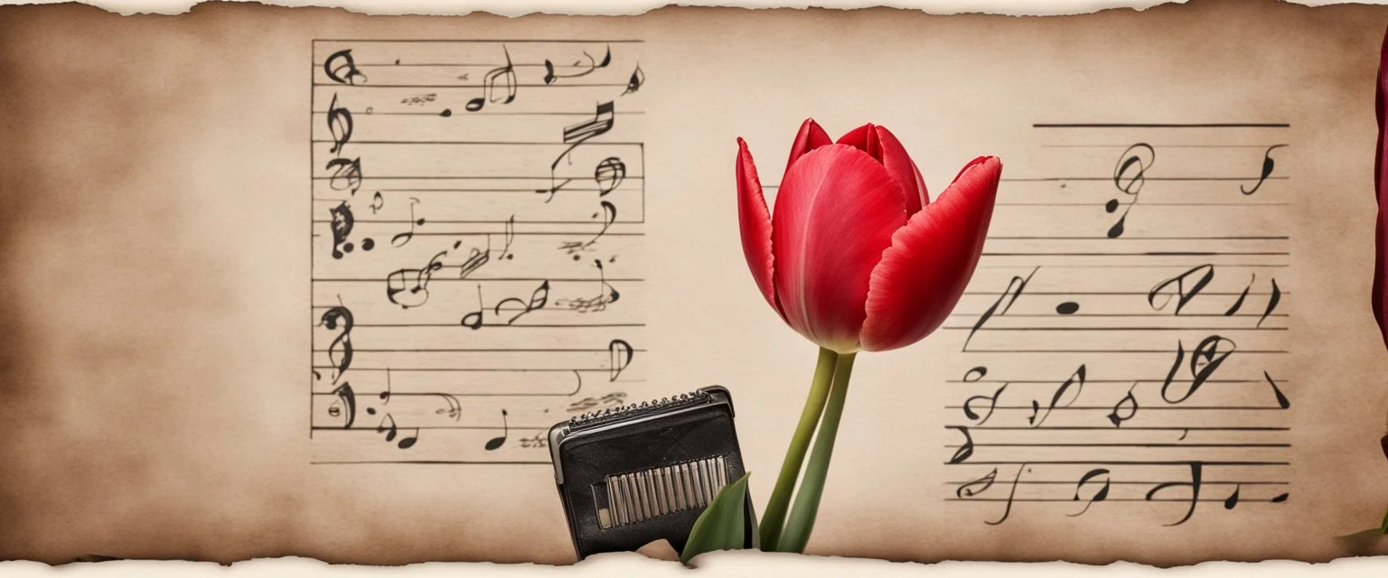 Hyper realistic red tulip on the side of a vintage paper with harmonica instrument & small musical notes