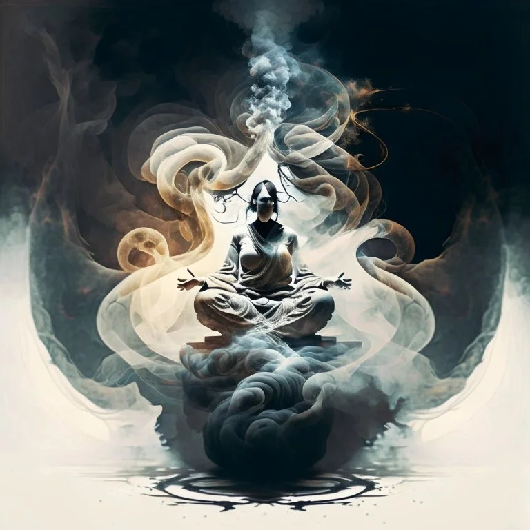 Design a balanced composition where a central figure sits cross-legged, surrounded by swirling smoke patterns that extend to the edges of the canvas, creating a harmonious balance between the subject and the environment.