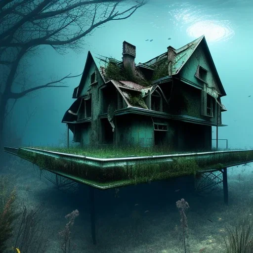 Abandoned house, overgrown, partially submerged,