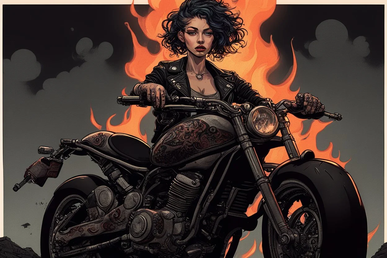 scarred cyberpunk vampire girl with tribal tattoos short curly cyberpunk hair riding a black cafe racer motorcycle in a post apocalyptic wasteland on fire