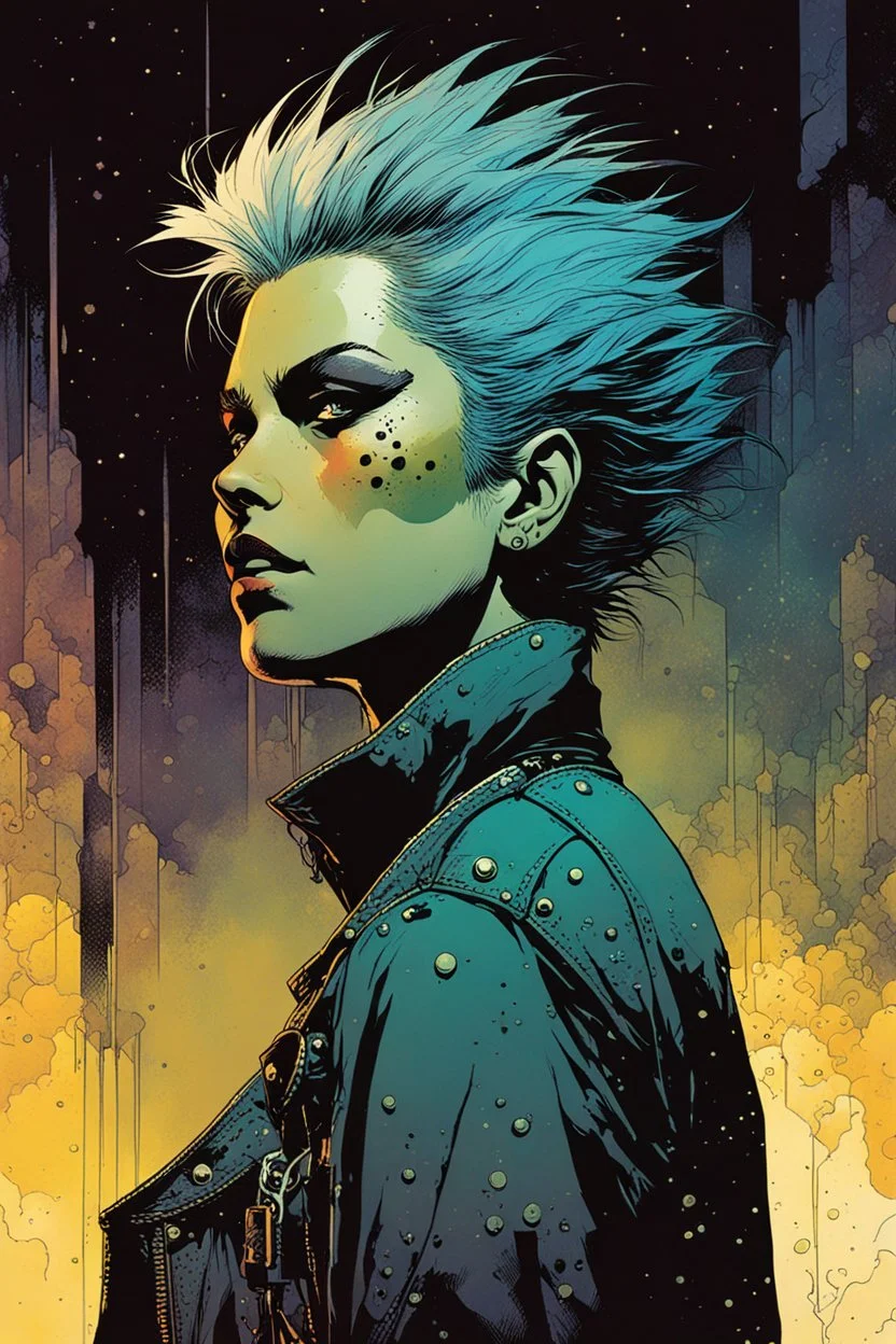 create a hardened, punk biker girl in the comic book art style of Mike Mignola, Bill Sienkiewicz and Jean Giraud Moebius, , highly detailed,, grainy, gritty textures, , dramatic natural lighting