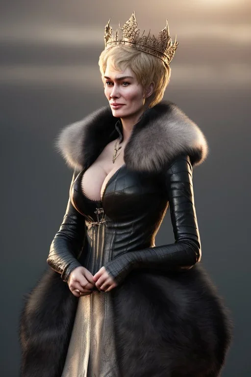 Cersei Lannister as evil queen in black leather and fur, busty, cleavage, curvy, lena headay, angry, stern look. character design by cory loftis, fenghua zhong, ryohei hase, ismail inceoglu and ruan jia. unreal engine 5, artistic lighting, highly detailed, photorealistic, fantasy