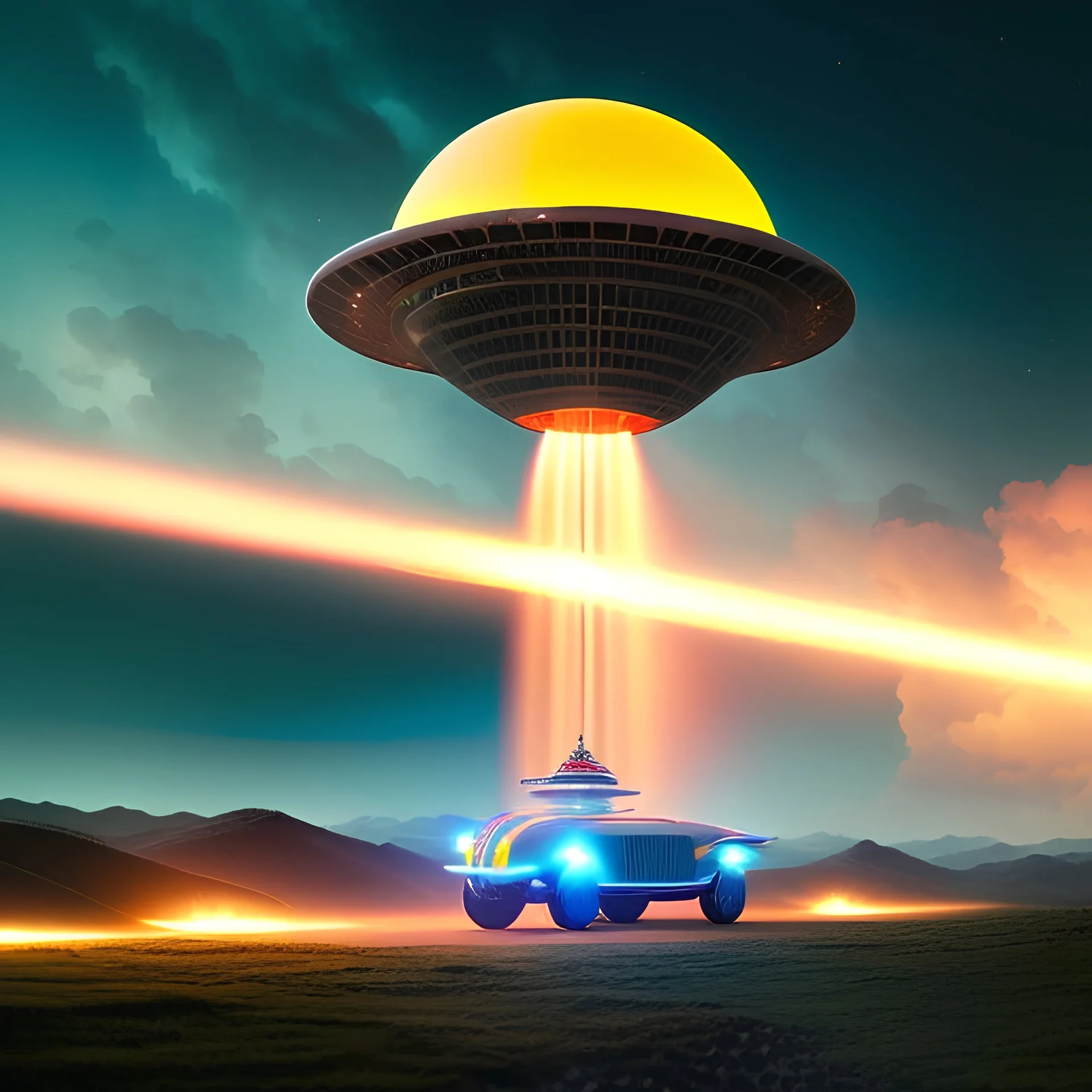 fullbody Drawing of 'Haunebu-II WW2 Flying Saucer with yellow light beam',intricate detail,andrea bonelli,Kilian Eng,Ohrai,evan lee,Aleksandr Sidelnikov,KyuYong Eom,three quarters frontal aerial view,toned colors,16k