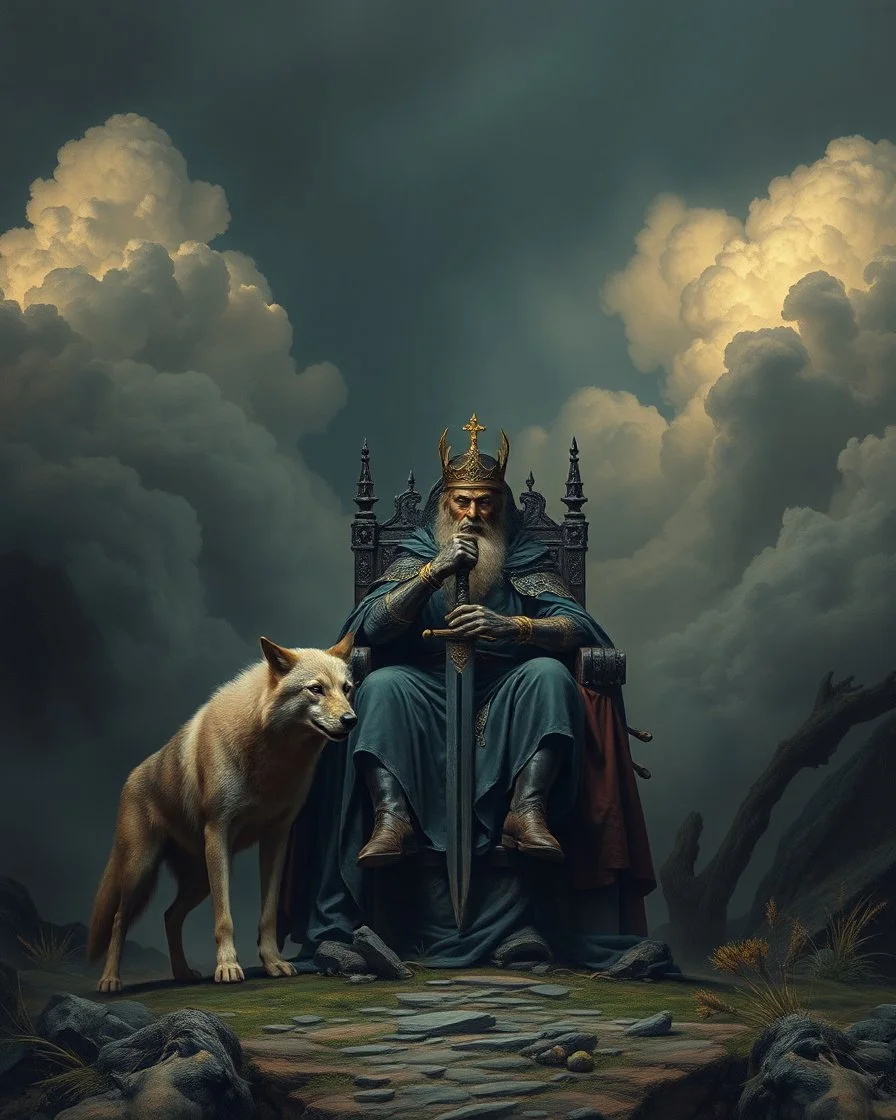 Bosch painting style, nightmare , the king with a sword sitting on a throne with two wolves , great quality picture with cinematic scenes , heavy clouds in the background