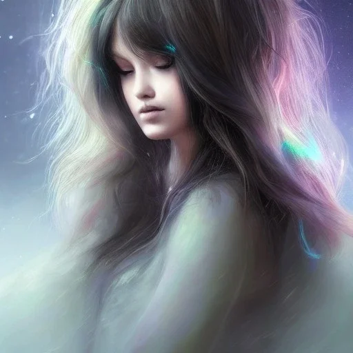 Autoportrait with galaxy hairs beautiful girl ultra-realistic, highly detailed, masterpiece, delicate detailed, sharp focus, insanely detailed, fantasy art, intricate detailed, elegant, fog, Special Lighting, Vibrant, color Scheme, forest, unreal engine 5, trending on artstation, anime