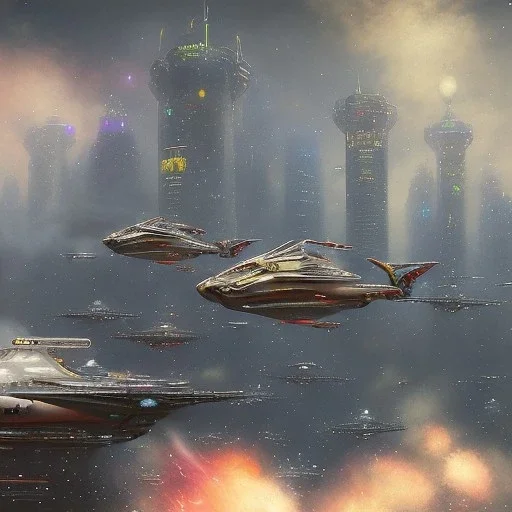 Steampunk scene of futuristic New York,galaxian fantasy airships flying over San Francisco Bridge in a cloudy sky,Giant sci-fi super-panzer in the style of John Berkey