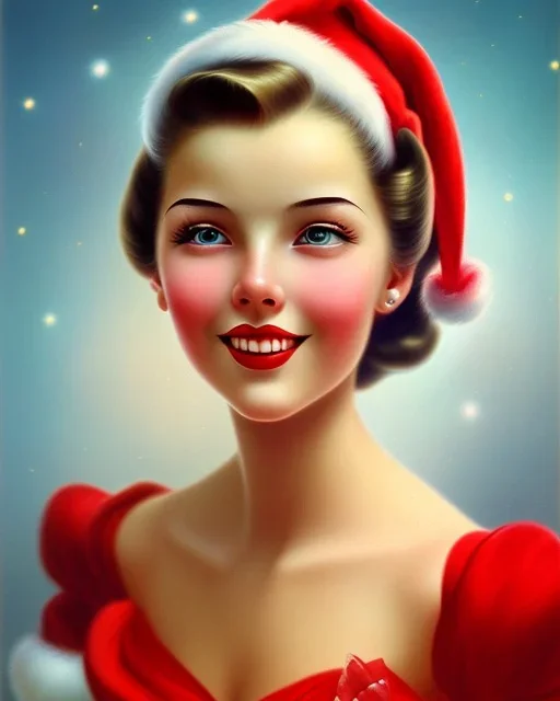 girl in red dress, close up portrait, Christmas, smiling, cute, beautiful, 1940s