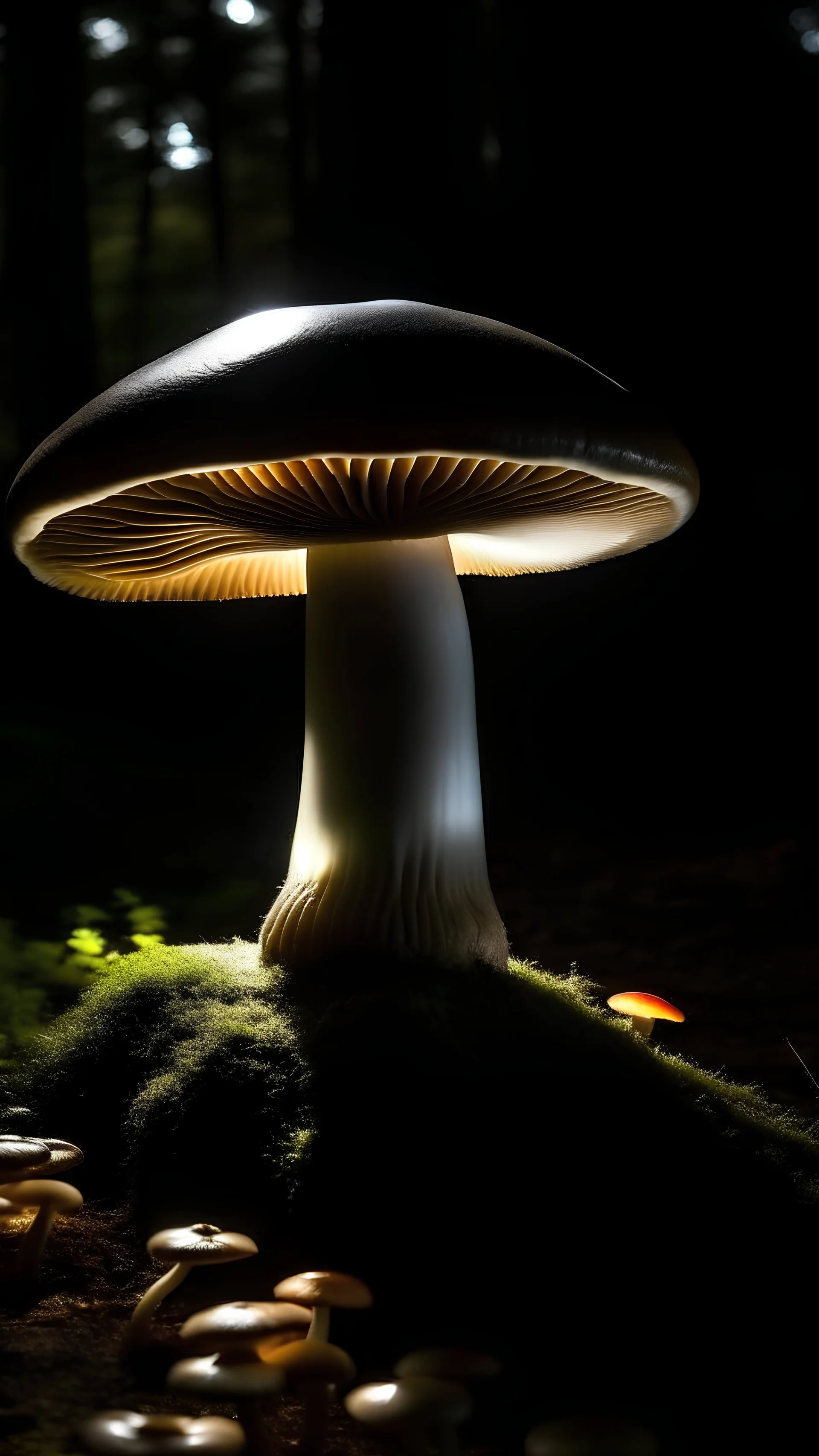 Big mushrooms that give light at night and people can sit under them