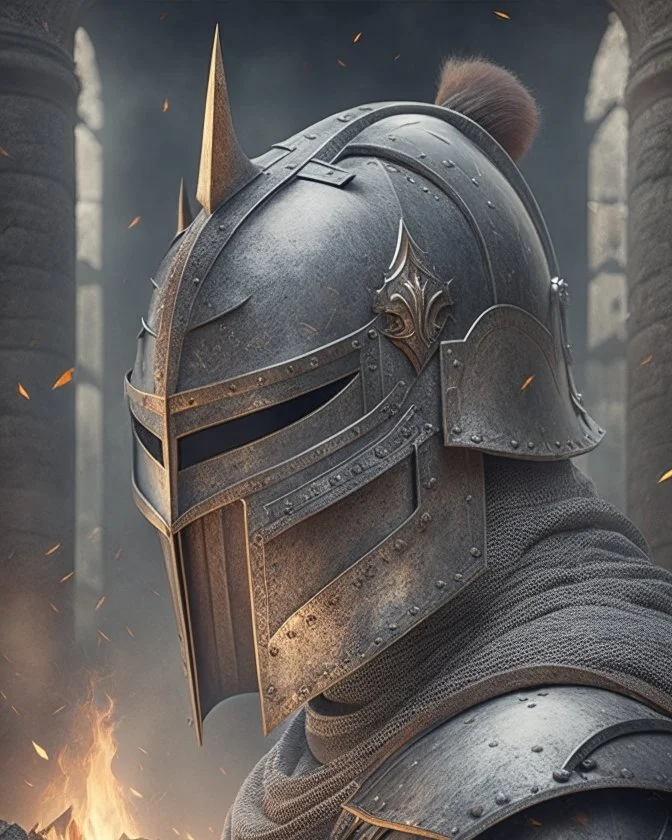 Dark souls Knight, expression serious, aura, portrait, background Dark souls like ruins, comic style, helmet,