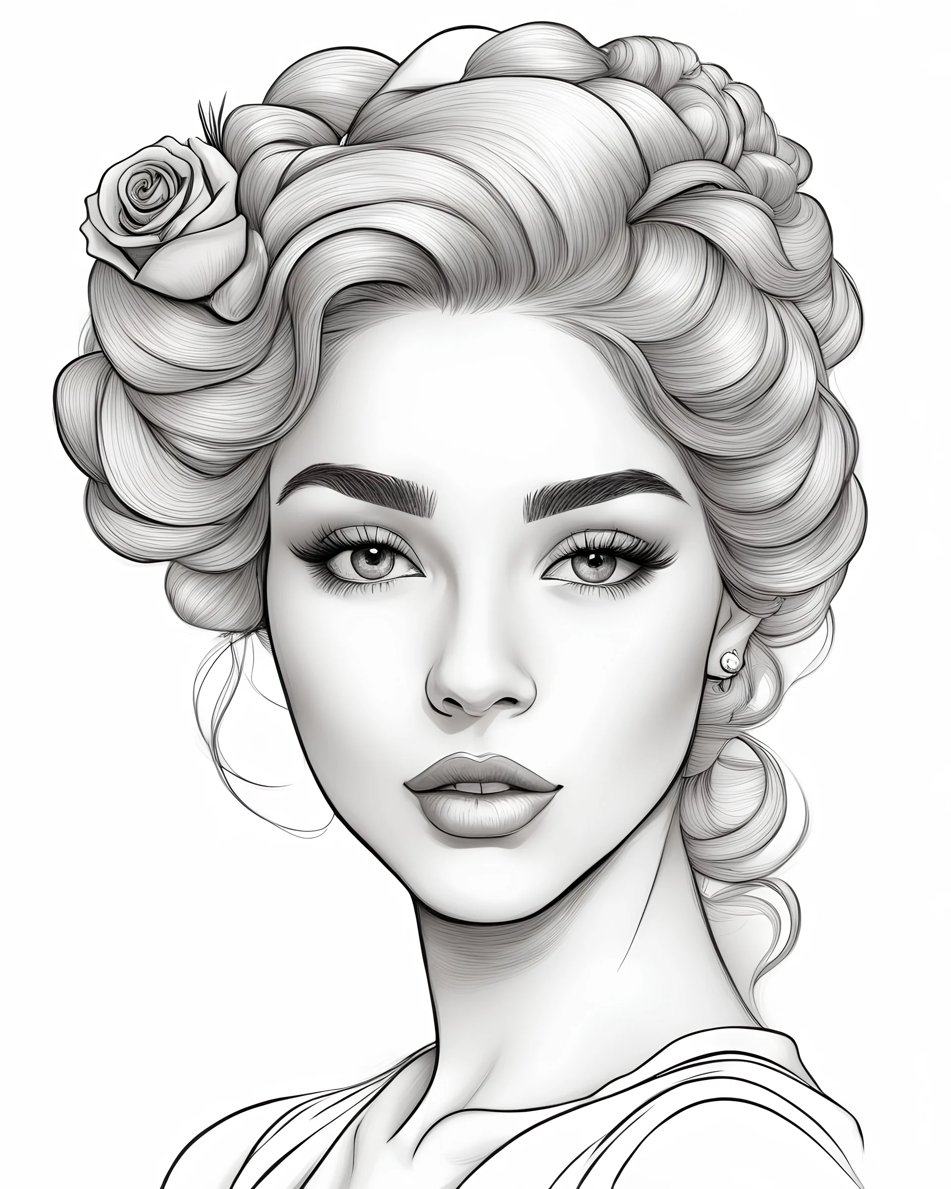 outline art for a gorgeous and sweet lady face, french twist, rose in her hair, coloring page, white background, sketch style, only use outline, clean line art, white background, no shadows and clear and well outlined