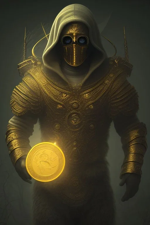 running berserker portrait , no face, black jogging suite , in the night Alps , holding coins , angels background, volumetric gold light, high detail, dark leaf tree, dark mountains in background, perfect, HR Giger style