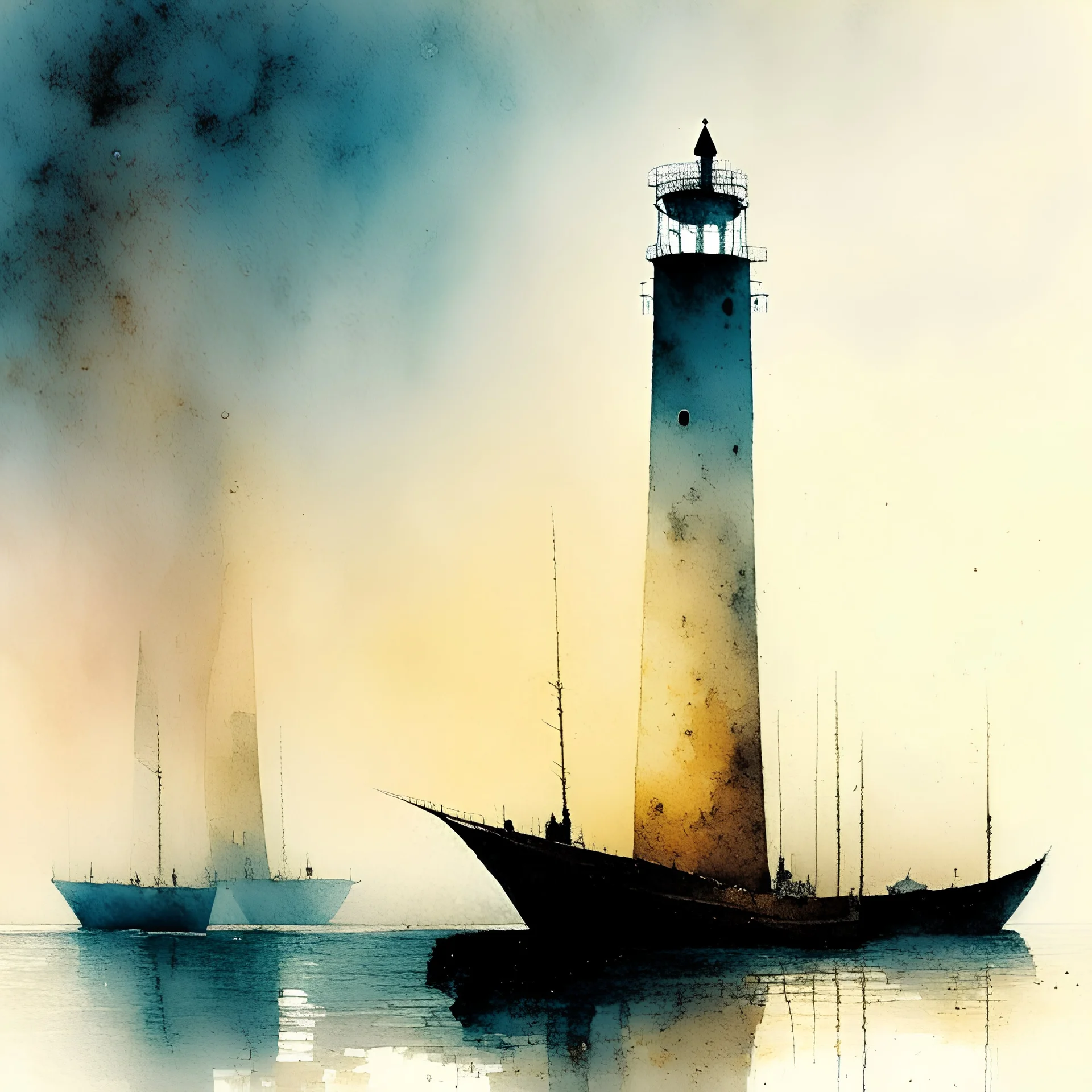 Boats in the marina with lighthouse in the background painted loosely in watercolour by Beksinski