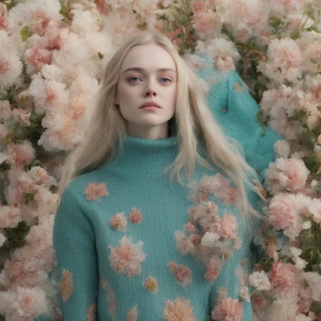 Elle fanning and dakota fanning as flowers, turquoise, turtleneck sweater
