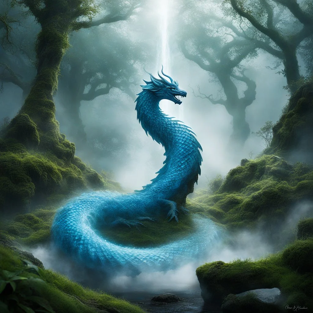 In a fantasmagoric scene, amidst the swirling mists of a mystical realm, there emerges Serpent Lebe, the mythical ancestor of fertility. Serpent Lebe coils and undulates with an otherworldly grace, its scales shimmering with ethereal light. The air is thick with the scent of ancient magic, and the ground beneath trembles with the power of creation.