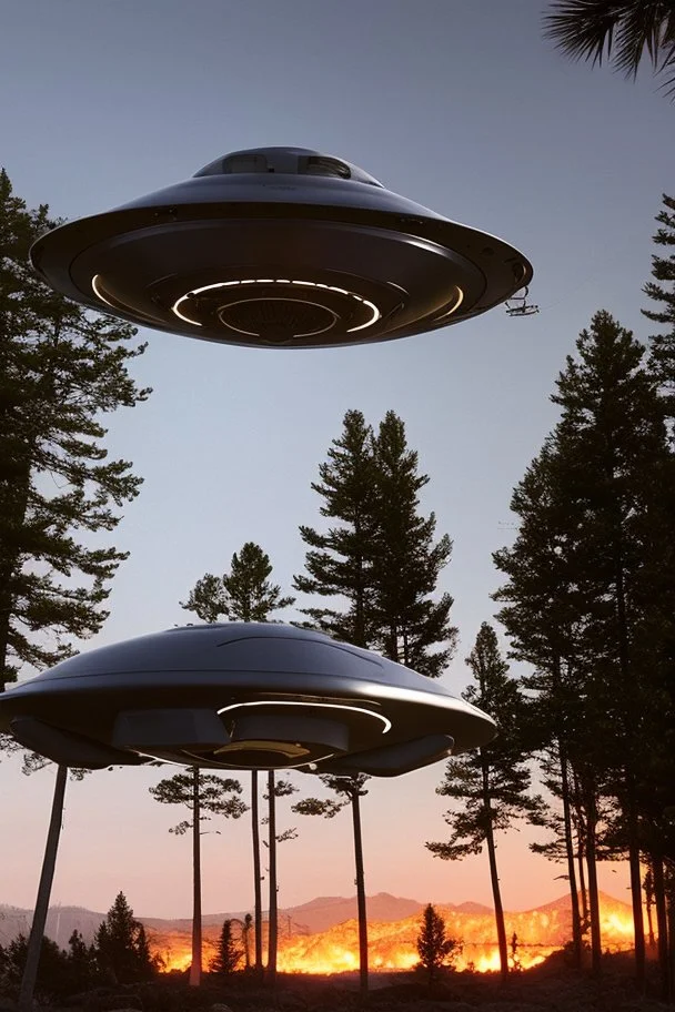 school kids::10 see saucer shaped ufo flying over tall pine trees near a high voltage powerline with (three lights underneath) and lots of lights all around the edge, the year is 1966 in color, concept art, by Asaf Hanuka, by Weta Digital, Electric Colors, Screen Space Global Illumination, in a symbolic and meaningful style