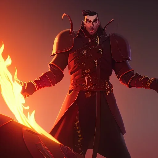 A full body image of a king, dark hair with red armor, surrounded by flames and fire