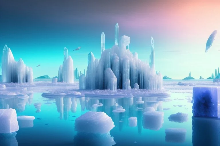 ice blocks, lagoon, seashore, distant futuristic city, epic, sci-fi