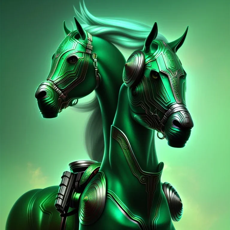 A beautiful portrait of a cyborg horse green color scheme, high key lighting, volumetric light high details psychedelic background