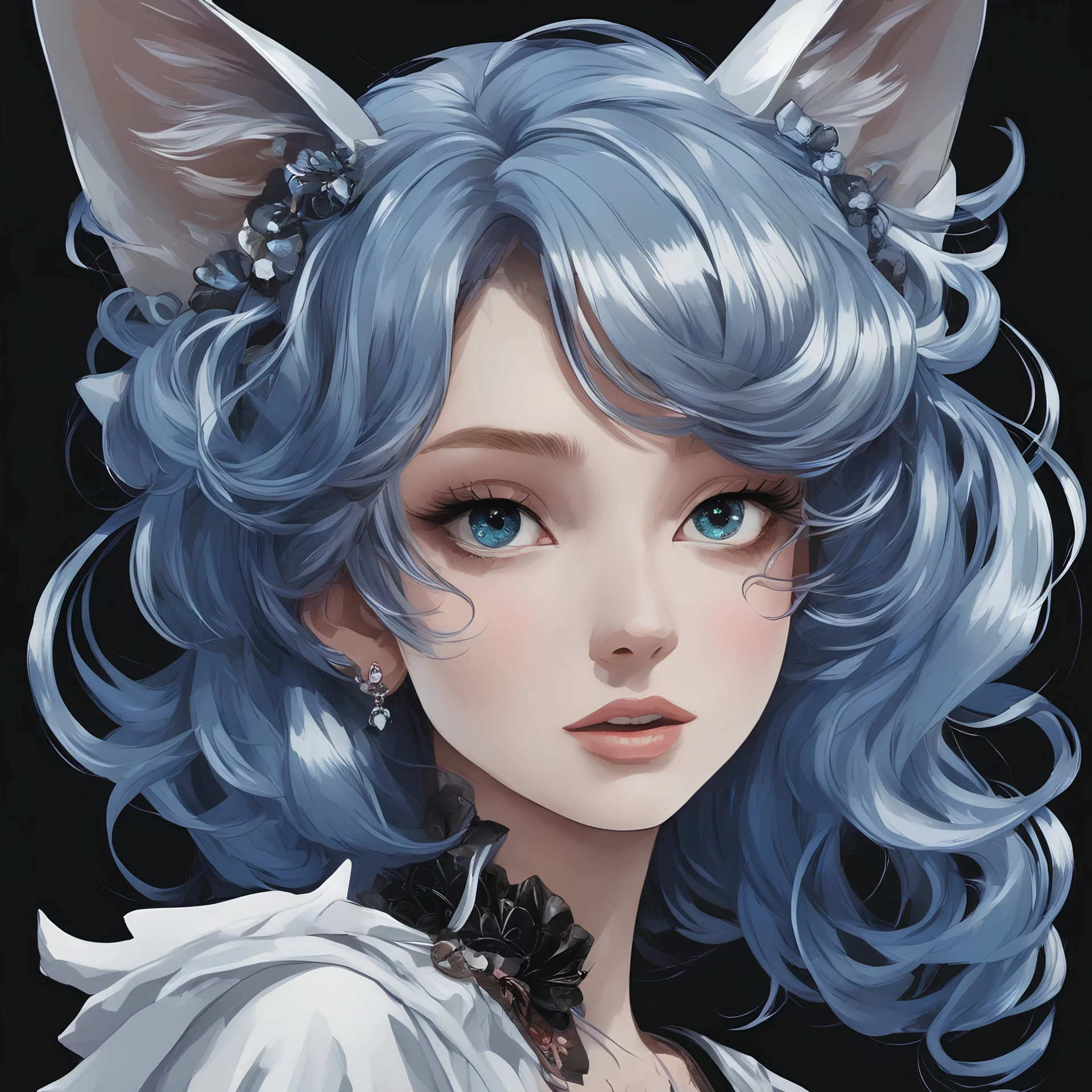 retro anime art style,silver and blue,a wave hair lady,ghouls,cat ear,pure black background