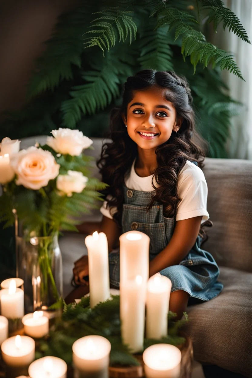 a young girl sitting on a couch holding a bunch of flowers, tanned ameera al taweel, hair whitebangs hair, sitting on the edge of a bed, roses and lush fern flowers, with big eyes, in a room full of candles, a microscopic photo, cute photograph, from left