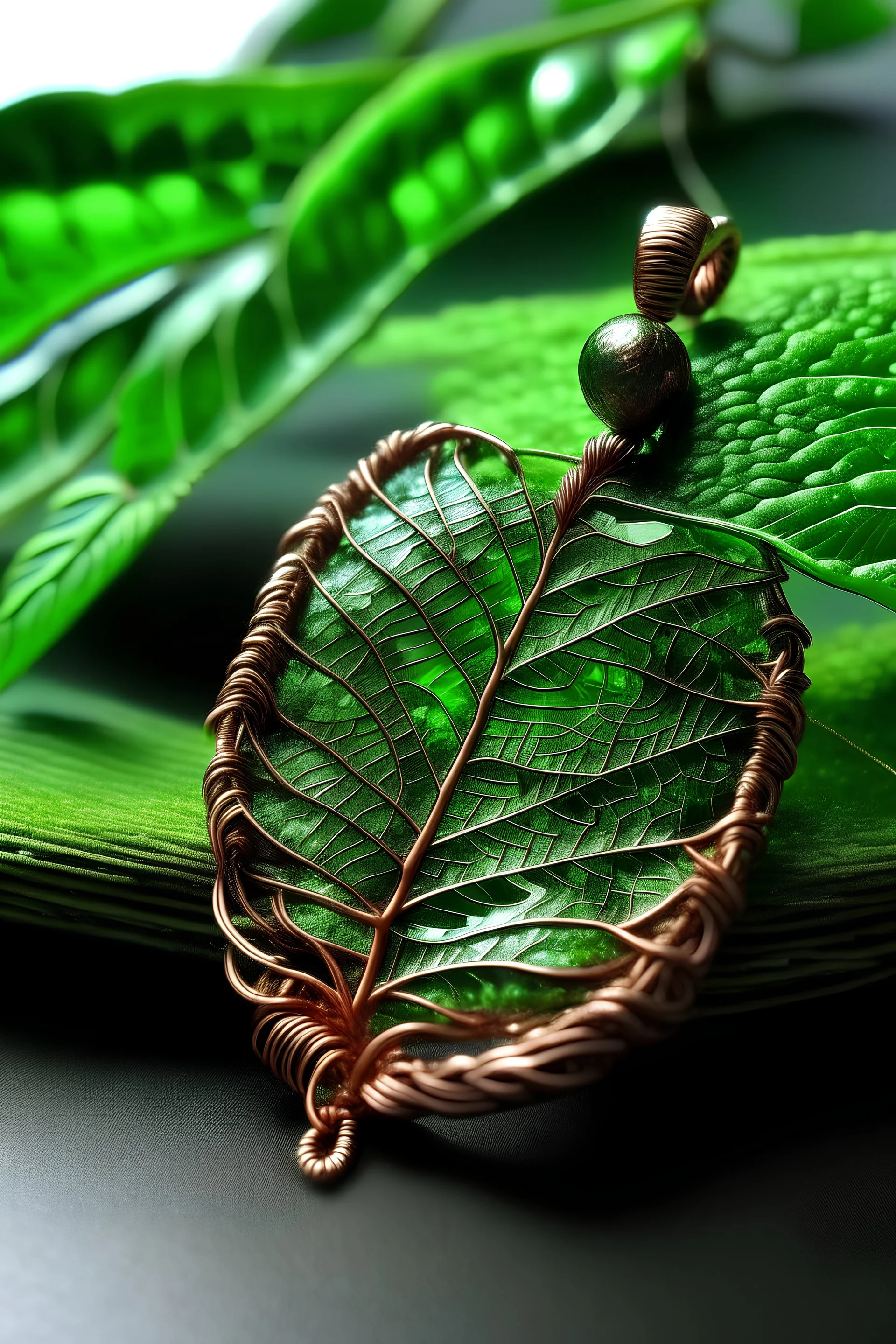Imagine a delicate copper necklace featuring a real, pressed fern frond electroformed with a vibrant green crystal at its center. The intricate veins of the fern are highlighted by the copper, creating a beautiful contrast against the emerald glow of the crystal. This piece embodies the essence of a sunlit forest, capturing the delicate beauty of nature in a wearable work of art.