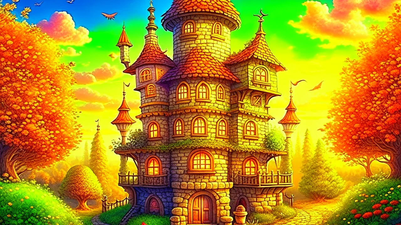 Fantasy style digital art: beautiful fairy tower in a middle of a small cute village, with many small houses