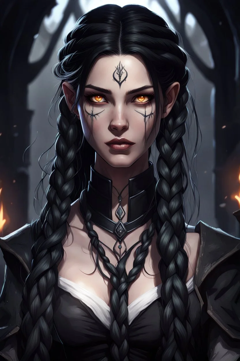 Young beautiful female Hexblood warlock character . Bright glowing pale eyes. Long, thick, silky jet-black hair reaching her waist, with a center part and two loose Dutch braids starting at her temples, flowing into the rest of her straight hair. A few soft strands frame her face. Thin dark vine-like markings spread across neck and collarbone as a sign of an ancient curse. Dark fantasy, realistic, cinematic, highly detailed.