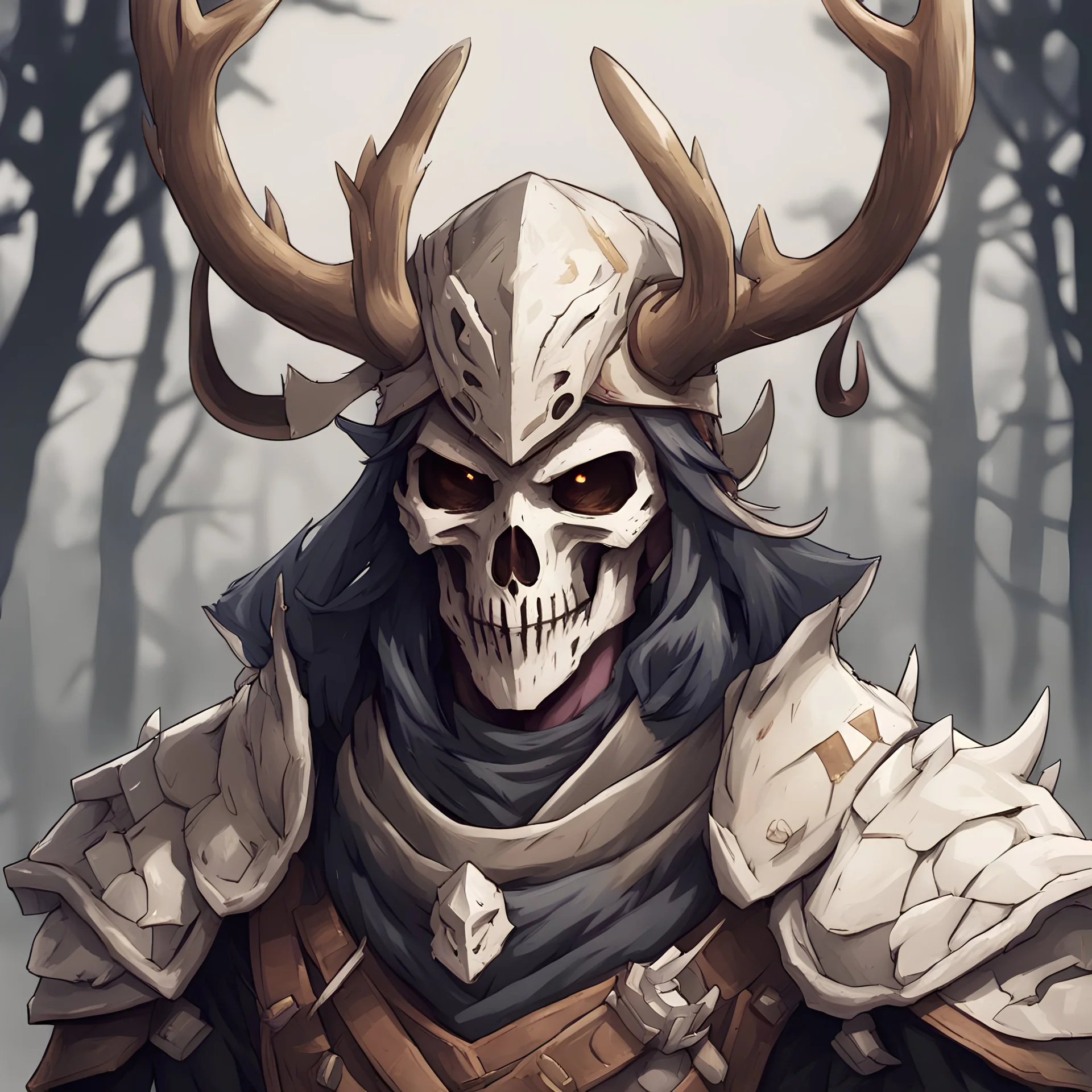 A fierce hunter clad in a 14-Point Antler Skullcap and wearing bone armor, in anime portrait art style