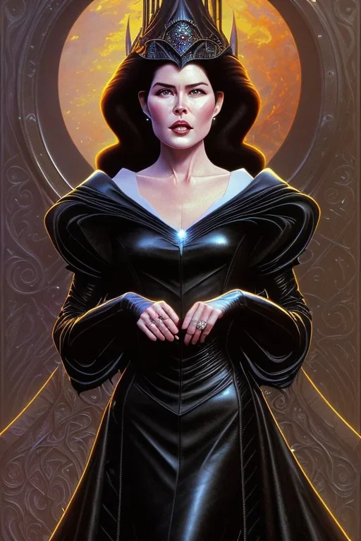 painting of Lara Flynn Boyle as evil queen in black leather gown, feminie, angry, stern look on her face, emperious, highly detailed, digital painting, artstation, concept art, smooth, sharp focus, illustration, art by gaston bussiere and alphonse mucha