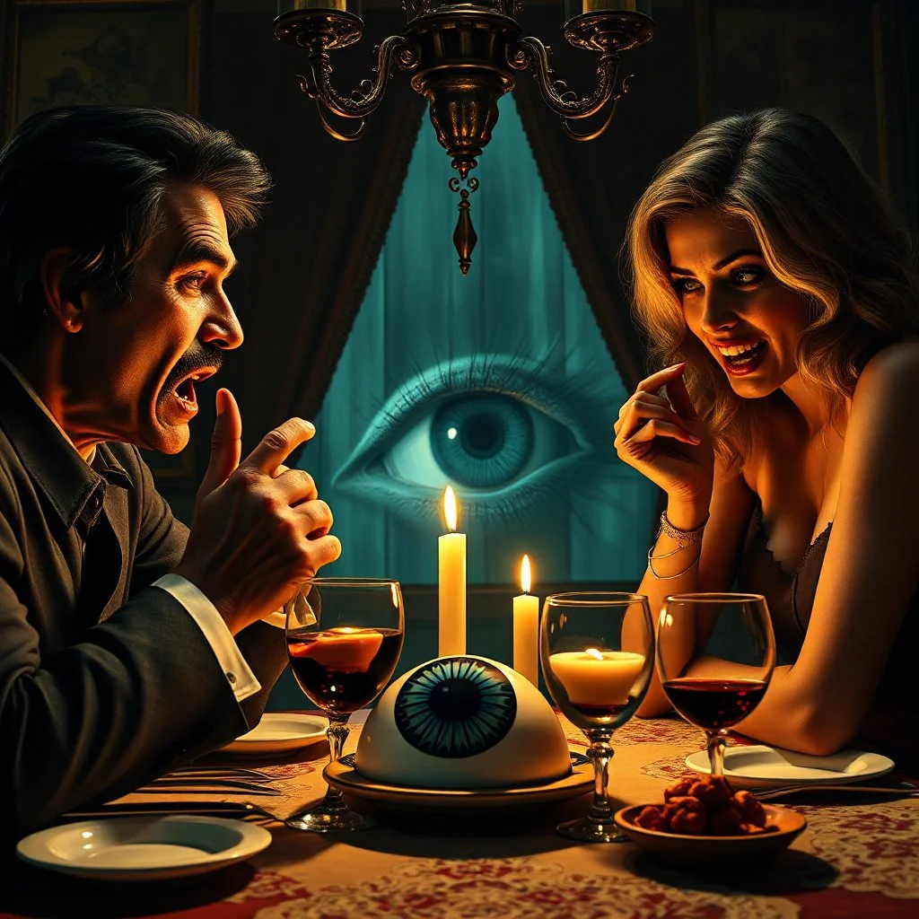 Spooky, ultra realistic distress, dining, ultra realistic hot woman, nose, giant eye on a table, organic hot bondes, dynamic, anguish, excited and lively scene, hypermaximalist figures, Creepy the Ring Alfred Hitchcock, Sam Raimi, insanely detailed, sinister, John Carpenter, Dario Argento, ornate