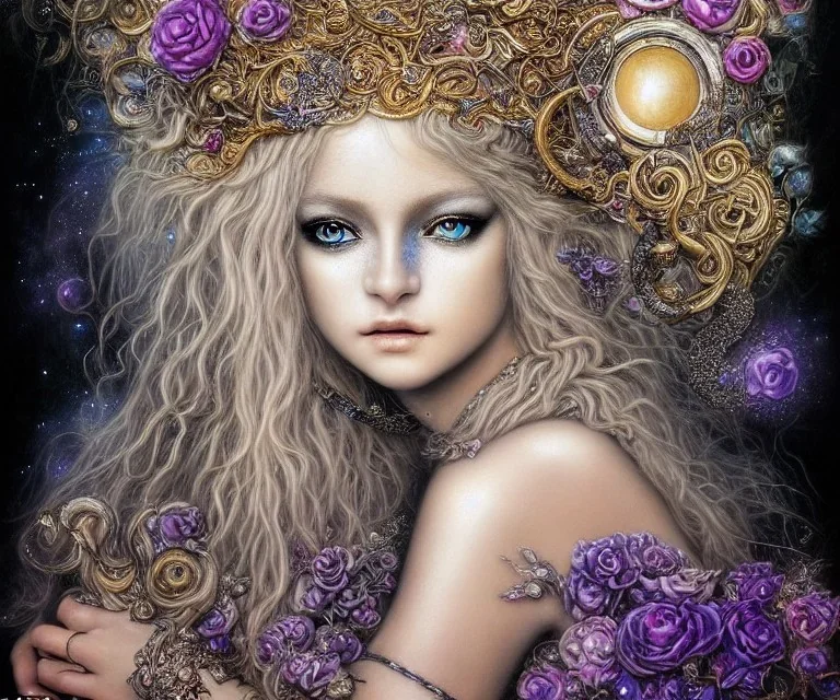 Portrait of a sensual Goddess: Black eyes like diamonds sparkling. Long Blonde hair. Incredibly detailed 8K resolution HDR photograph of a hyper detailed photorealistic storybook laying open with weathered riffled pages meticulously illustrated by Brian Froud and Josephine Wall, album cover art, imagination, upscaled, sharp focus, space"