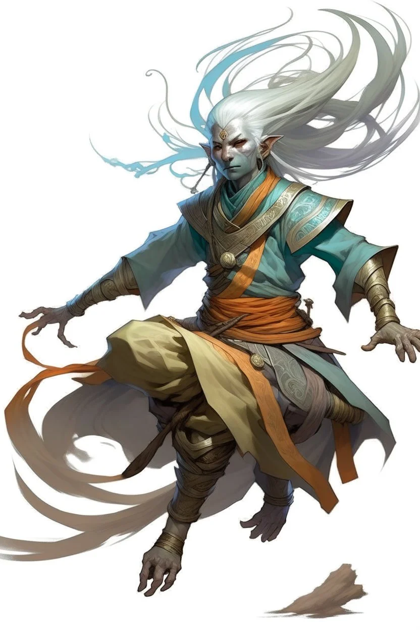 Air genasi from dnd with ashesen skin and asian flowing hair Monk attire with ash giant